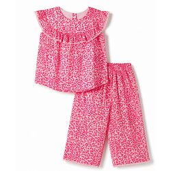 Babyhug Cotton Woven Sleeveless Printed Co-Ords Top & Palazzo Set - Neon Pink