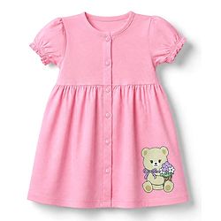 Babyhug 100% Cotton Single Jersey Knit Half Sleeves Frocks with Bow and Bear Print Pack of 2 - Pink & Lilac