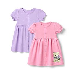 Babyhug 100% Cotton Single Jersey Knit Half Sleeves Frocks with Bow and Bear Print Pack of 2 - Pink & Lilac