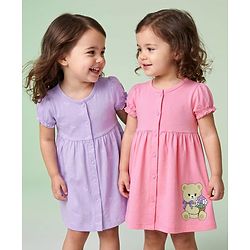 Babyhug 100% Cotton Single Jersey Knit Half Sleeves Frocks with Bow and Bear Print Pack of 2 - Pink & Lilac