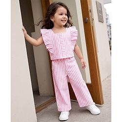 Babyhug Cotton Woven Frill Sleeves Co-Ords Top & Culottes Set with Stripes - Pink