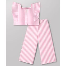 Babyhug Cotton Woven Frill Sleeves Co-Ords Top & Culottes Set with Stripes - Pink