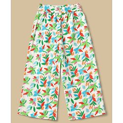Babyhug Cotton Woven Half Sleeves Co-Ords Top & Culottes Set with Leafy Print & Belt - Sea Green