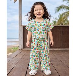 Babyhug Cotton Woven Half Sleeves Co-Ords Top & Culottes Set with Leafy Print & Belt - Sea Green