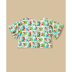 Babyhug Cotton Woven Half Sleeves Co-Ords Top & Culottes Set with Leafy Print & Belt - Sea Green