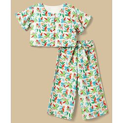 Babyhug Cotton Woven Half Sleeves Co-Ords Top & Culottes Set with Leafy Print & Belt - Sea Green