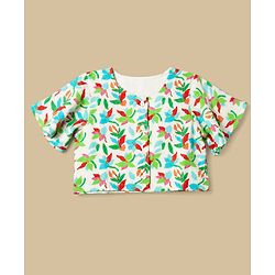 Babyhug Cotton Woven Half Sleeves Co-Ords Top & Culottes Set with Leafy Print & Belt - Sea Green