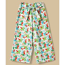 Babyhug Cotton Woven Half Sleeves Co-Ords Top & Culottes Set with Leafy Print & Belt - Sea Green