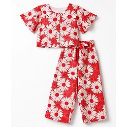 Babyhug Cotton Woven Half Sleeves Co-Ords Top & Culottes Set with Floral Print & Belt - Red
