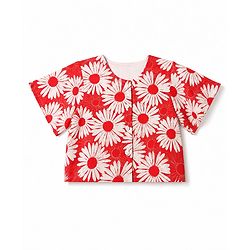 Babyhug Cotton Woven Half Sleeves Co-Ords Top & Culottes Set with Floral Print & Belt - Red