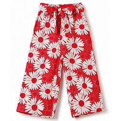 Babyhug Cotton Woven Half Sleeves Co-Ords Top & Culottes Set with Floral Print & Belt - Red