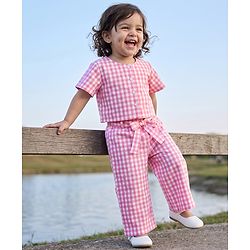 Babyhug Cotton Woven Half Sleeves Co-Ords Top & Culottes Set with Check & Belt - Pink