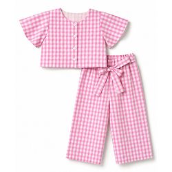 Babyhug Cotton Woven Half Sleeves Co-Ords Top & Culottes Set with Check & Belt - Pink