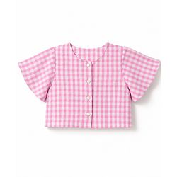 Babyhug Cotton Woven Half Sleeves Co-Ords Top & Culottes Set with Check & Belt - Pink