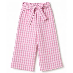 Babyhug Cotton Woven Half Sleeves Co-Ords Top & Culottes Set with Check & Belt - Pink