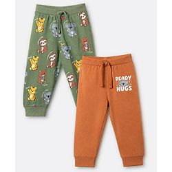 Babyhug Cotton Jersey Knit Full Length Jogger Fit Lounge Pant With Animal Print Pack of 2 - Orange Green