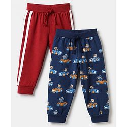 Babyhug Cotton Jersey Knit Full Length Jogger Fit Lounge Pant With Vehicle Print Pack of 2 in Red Navy Blue