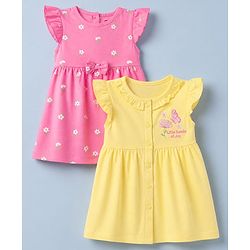 Babyhug Single Jersey Knit Half Sleeves Floral Printed Dress With Butterfly Embroidery Pack of 2 - Pink & Yellow
