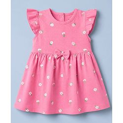 Babyhug Single Jersey Knit Half Sleeves Floral Printed Dress With Butterfly Embroidery Pack of 2 - Pink & Yellow