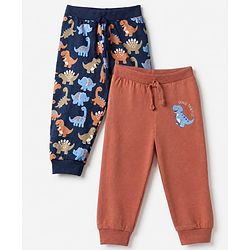 Babyhug Cotton Jersey Knit Full Length Jogger Fit Lounge Pant With Dinosaur Print Pack of 2 in Navy Blue Red