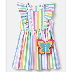 Babyhug Single Jersey Knit Sleeveless Striped Frock With Sling Bag - White