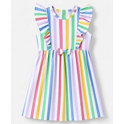 Babyhug Single Jersey Knit Sleeveless Striped Frock With Sling Bag - White