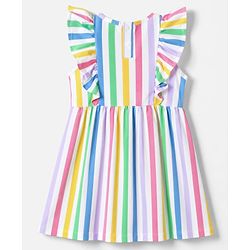 Babyhug Single Jersey Knit Sleeveless Striped Frock With Sling Bag - White