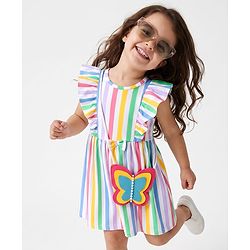 Babyhug Single Jersey Knit Sleeveless Striped Frock With Sling Bag - White