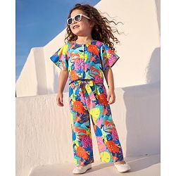 Babyhug Cotton Woven Half Sleeves Co-Ords Top & Palazzo Set with Tropical Print -  Blue
