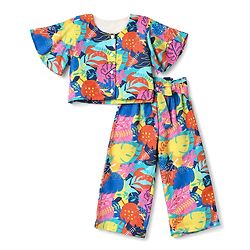 Babyhug Cotton Woven Half Sleeves Co-Ords Top & Palazzo Set with Tropical Print -  Blue