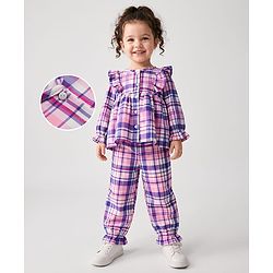 Babyhug 100% Cotton Woven Full Sleeves Checked Co-Ords Top & Pant Set - Purple