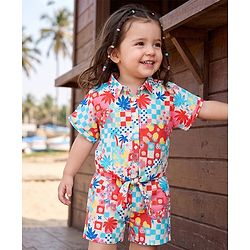 Babyhug Cotton Woven Half Sleeves Floral Printed Shirt Style Co-Ord Top & Shorts Set - White