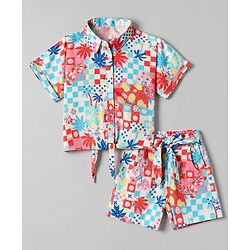 Babyhug Cotton Woven Half Sleeves Floral Printed Shirt Style Co-Ord Top & Shorts Set - White