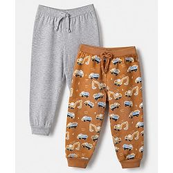 Babyhug Cotton Knit Full Length Lounge Pant With Vehicle Print Pack of 2 - Grey
