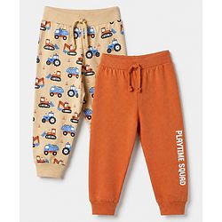 Babyhug Cotton Jersey Knit Full Length Jogger Fit Lounge Pant With Construction Vehicle Print Pack of 2 - Orange Peach