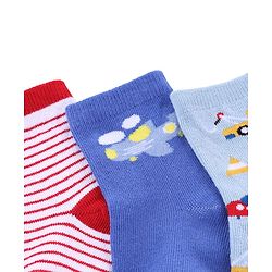Cute Walk by Babyhug Knit Anti-Bacterial Ankle Length Striped Socks With Vehicle & Rocket Design Pack of 5 - Grey, Red &  Blue