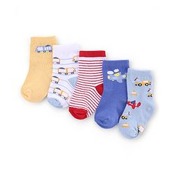 Cute Walk by Babyhug Knit Anti-Bacterial Ankle Length Striped Socks With Vehicle & Rocket Design Pack of 5 - Grey, Red &  Blue