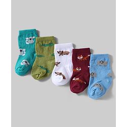 Cute Walk By Babyhug Knit Anti-Bacterial Ankle Length Socks With Animal Design Pack Of 5 - White, Maroon & Green