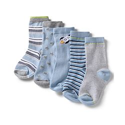Cute Walk by Babyhug Knit Anti-Bacterial Ankle Length Striped Socks With Star & Rocket Design Pack of 5 - Grey & Sky Blue