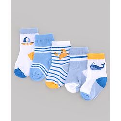 Cute Walk by Babyhug Knit Anti-Bacterial Ankle Length Striped Socks With Sea Life Design Pack of 5 - White & Sky Blue