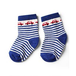 Cute Walk by Babyhug Knit Anti-Bacterial Ankle Length Striped Socks With Vehicle Design Pack of 5 - Grey, Red & Sky Blue