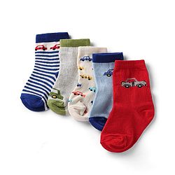 Cute Walk by Babyhug Knit Anti-Bacterial Ankle Length Striped Socks With Vehicle Design Pack of 5 - Grey, Red & Sky Blue