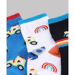 Cute Walk by Babyhug Knit Anti-Bacterial Ankle Length Striped Socks With Vehicle & Rocket Design Pack of 5 - Grey, Red & Sky Blue
