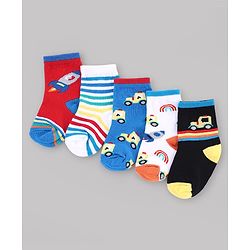 Cute Walk by Babyhug Knit Anti-Bacterial Ankle Length Striped Socks With Vehicle & Rocket Design Pack of 5 - Grey, Red & Sky Blue
