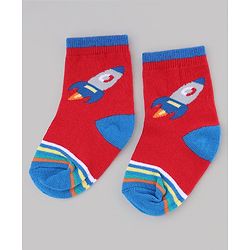 Cute Walk by Babyhug Knit Anti-Bacterial Ankle Length Striped Socks With Vehicle & Rocket Design Pack of 5 - Grey, Red & Sky Blue