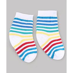 Cute Walk by Babyhug Knit Anti-Bacterial Ankle Length Striped Socks With Vehicle & Rocket Design Pack of 5 - Grey, Red & Sky Blue
