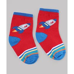 Cute Walk by Babyhug Knit Anti-Bacterial Ankle Length Striped Socks With Vehicle & Rocket Design Pack of 5 - Grey, Red & Sky Blue