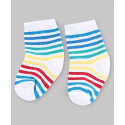 Cute Walk by Babyhug Knit Anti-Bacterial Ankle Length Striped Socks With Vehicle & Rocket Design Pack of 5 - Grey, Red & Sky Blue