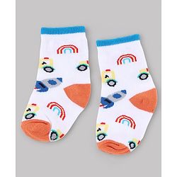Cute Walk by Babyhug Knit Anti-Bacterial Ankle Length Striped Socks With Vehicle & Rocket Design Pack of 5 - Grey, Red & Sky Blue