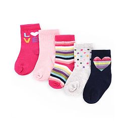 Cute Walk by Babyhug Knit Anti-Bacterial Ankle Length Striped Socks With Polka Dot & Heart Design Pack of 5 - Pink, White & Black